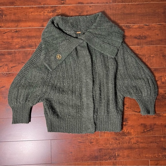 FREE PEOPLE Chunky Wool Cardigan Balloon Sleeve Forest Green Sweater Bohemian - Picture 9 of 13